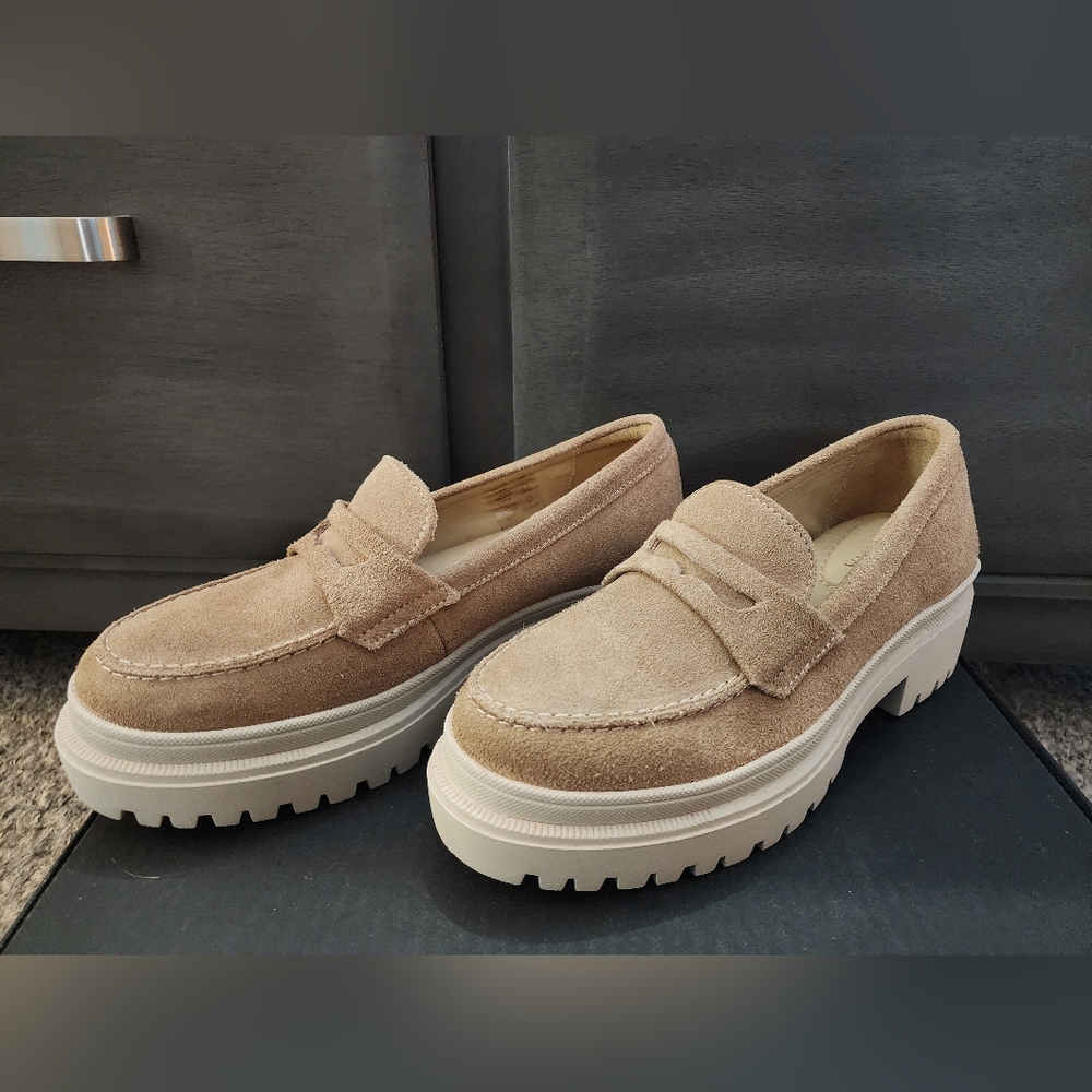 Portland Leather Womens Suede Penny Loafers in Light Taupe